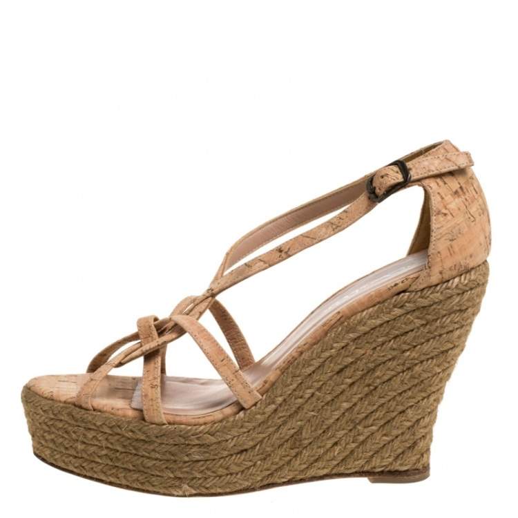 Pre Owned Oscar de la Renta Beige Cork Espadrille Platform Wedge Sandals Size 36