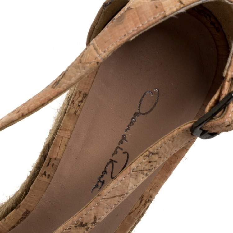 Pre Owned Oscar de la Renta Beige Cork Espadrille Platform Wedge Sandals Size 36