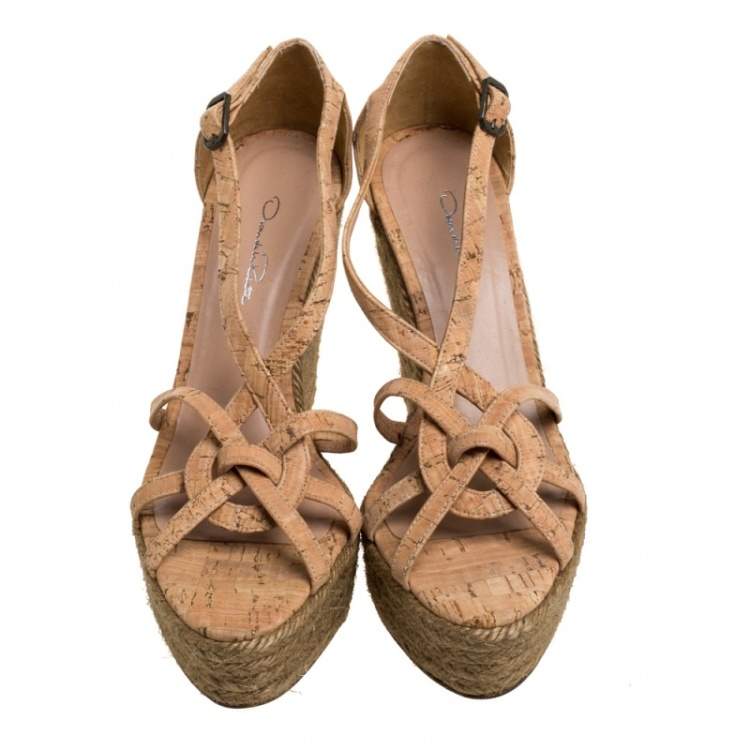 Pre Owned Oscar de la Renta Beige Cork Espadrille Platform Wedge Sandals Size 36