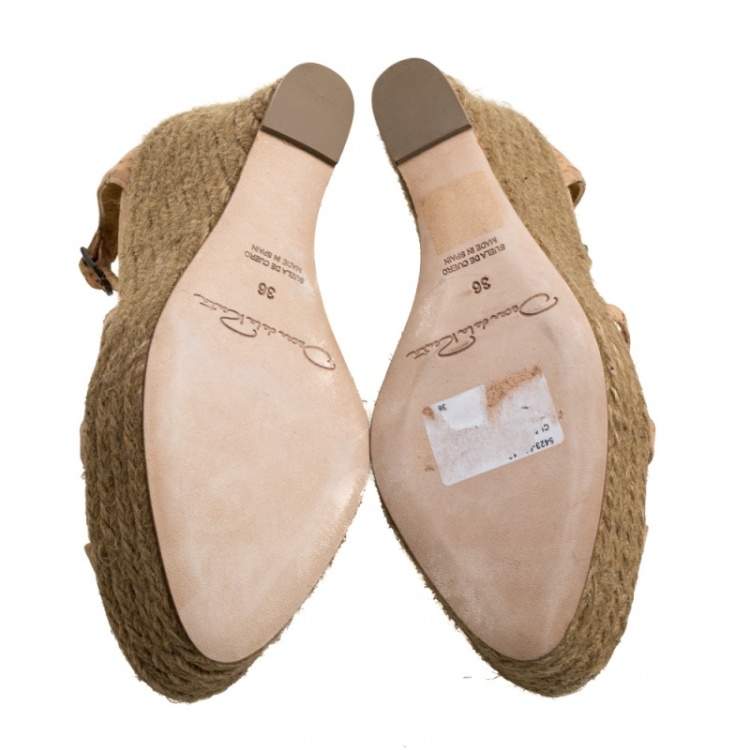 Pre Owned Oscar de la Renta Beige Cork Espadrille Platform Wedge Sandals Size 36