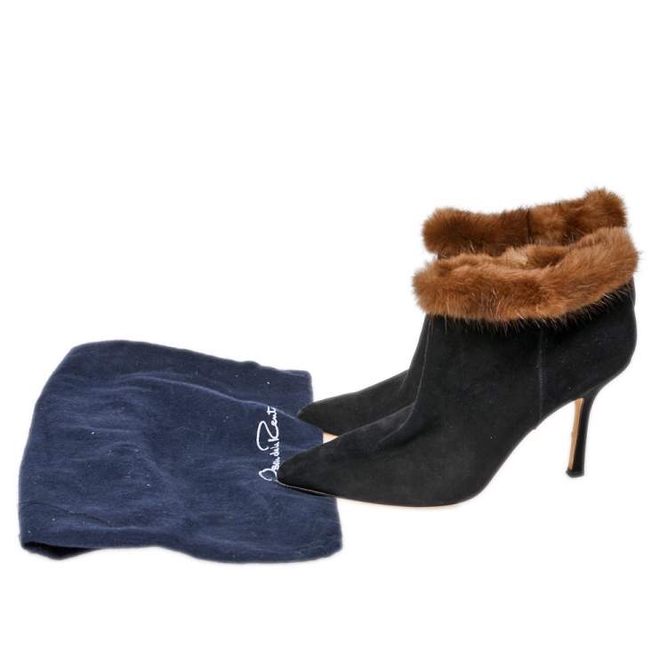 Pre Owned Osca De La Renta Black Suede Leather And Mink Fur Pointed Toe Ankle Boots Size 38.5 