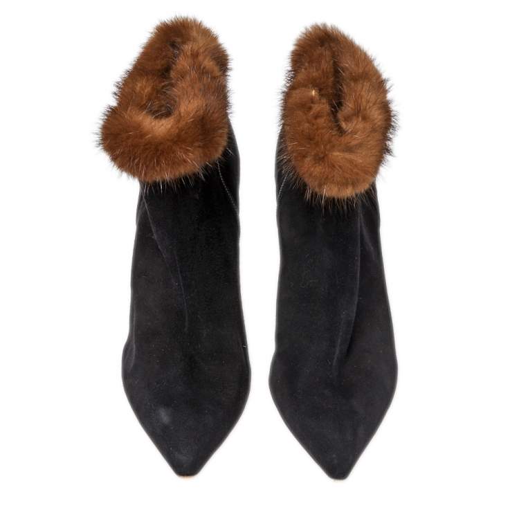 Pre Owned Osca De La Renta Black Suede Leather And Mink Fur Pointed Toe Ankle Boots Size 38.5 