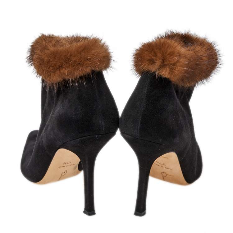 Pre Owned Osca De La Renta Black Suede Leather And Mink Fur Pointed Toe Ankle Boots Size 38.5 