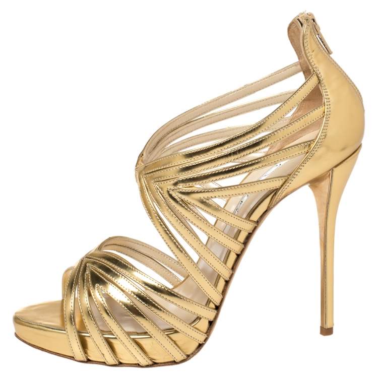 Pre Owned Oscar De La Renta Metallic Gold Leather Bree Cage Sandals Size 38.5