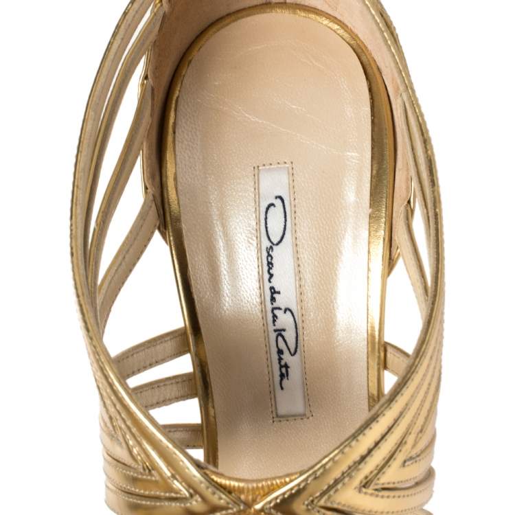 Pre Owned Oscar De La Renta Metallic Gold Leather Bree Cage Sandals Size 38.5