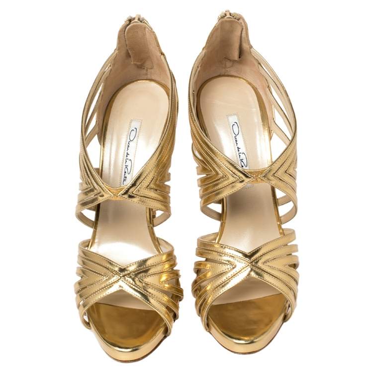 Pre Owned Oscar De La Renta Metallic Gold Leather Bree Cage Sandals Size 38.5