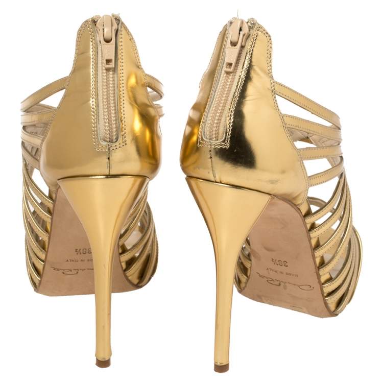 Pre Owned Oscar De La Renta Metallic Gold Leather Bree Cage Sandals Size 38.5