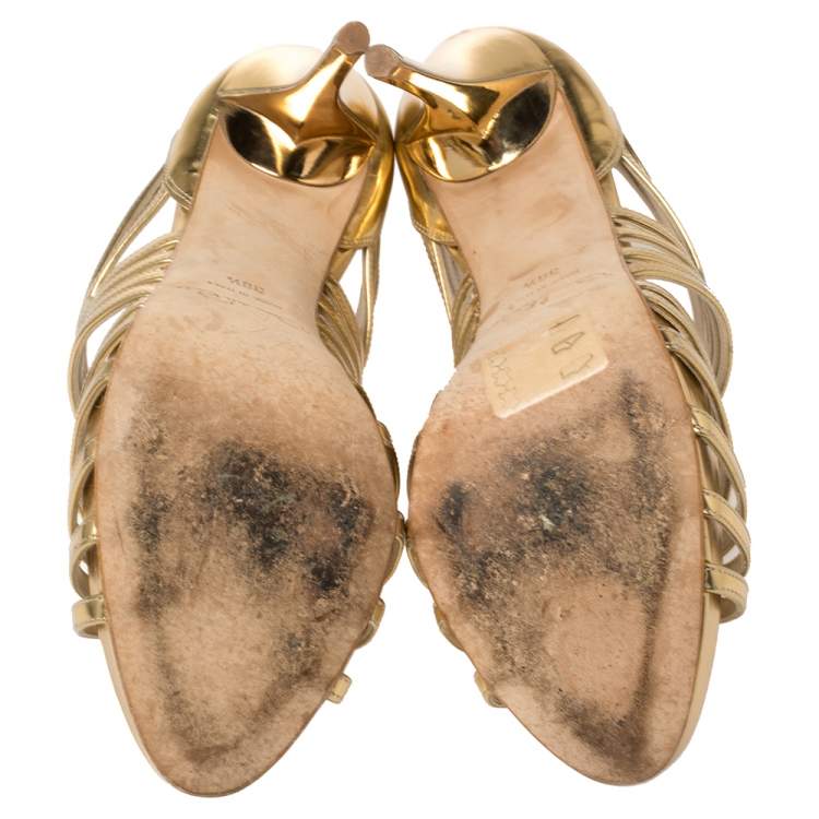 Pre Owned Oscar De La Renta Metallic Gold Leather Bree Cage Sandals Size 38.5