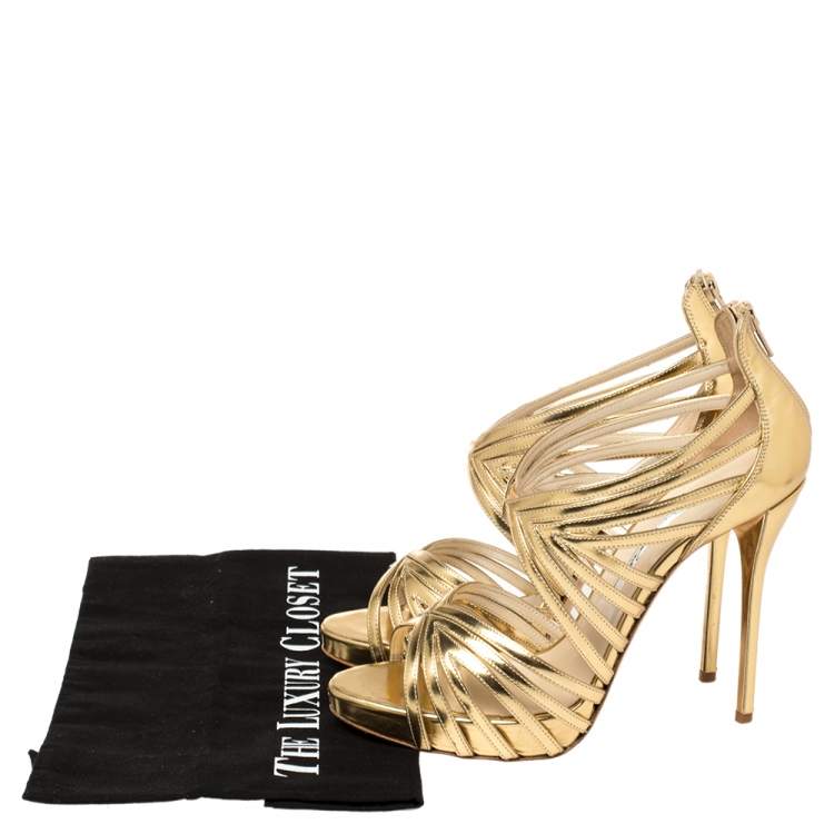 Pre Owned Oscar De La Renta Metallic Gold Leather Bree Cage Sandals Size 38.5
