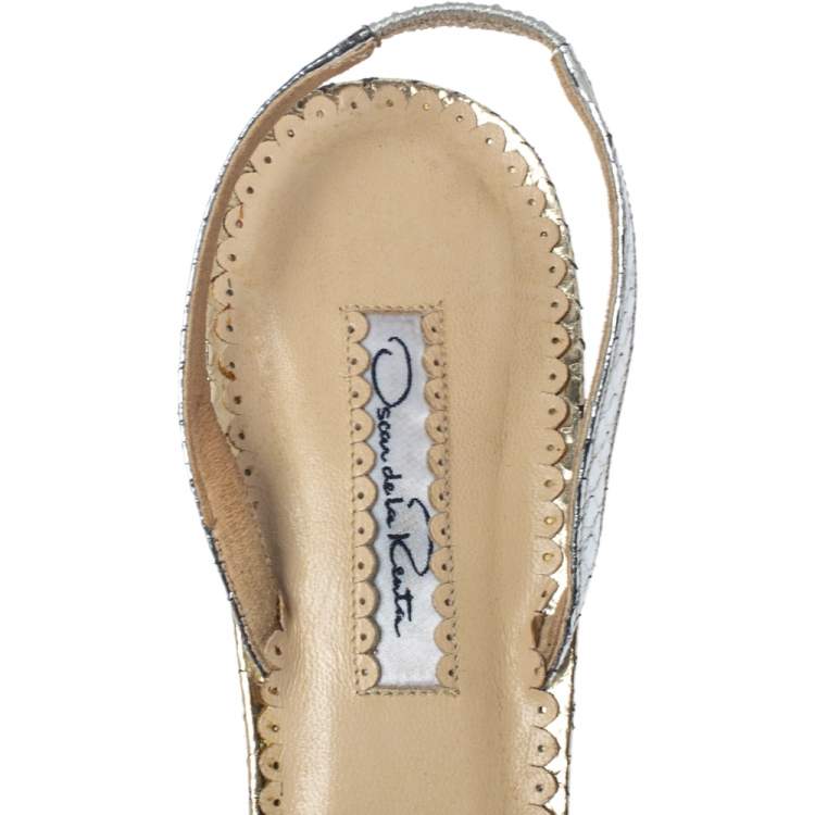Pre Owned Oscar De La Renta Silver/Gold Python Embossed Leather Strappy Slingback Sandals Size 40
