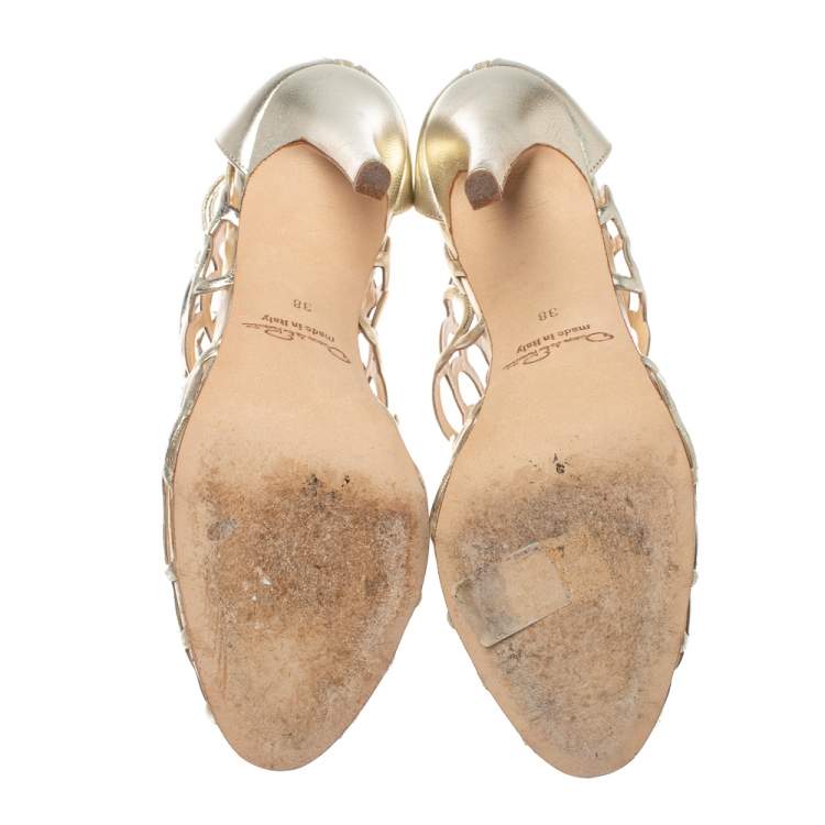 Pre Owned Oscar de la Renta Golden Leather Gladia Cage Peep Toe Sandals Size 38