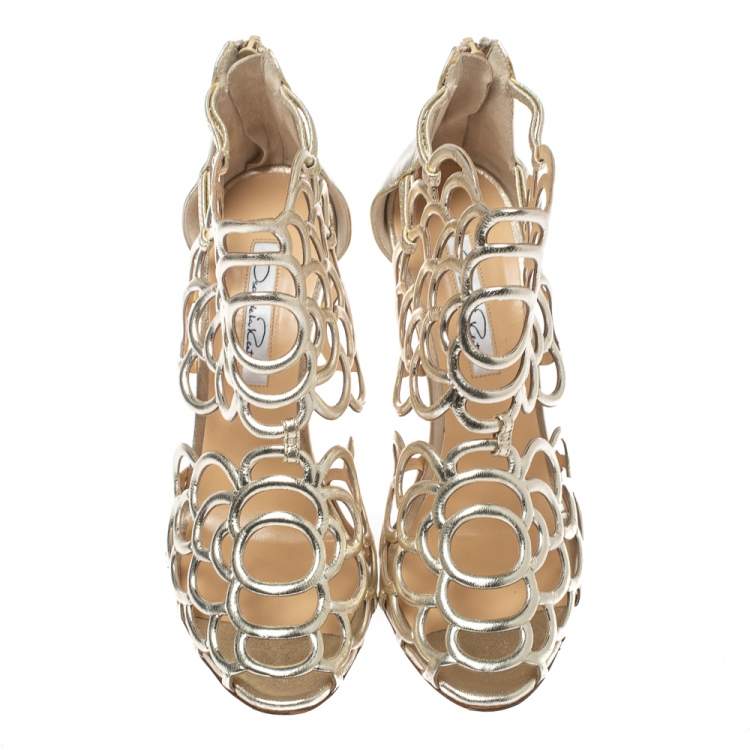 Pre Owned Oscar de la Renta Golden Leather Gladia Cage Peep Toe Sandals Size 38