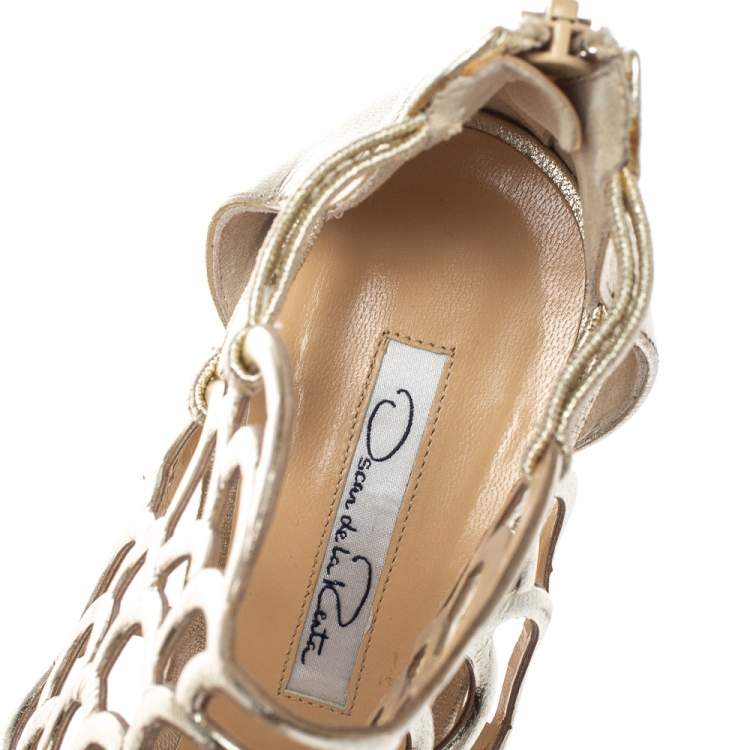 Pre Owned Oscar de la Renta Golden Leather Gladia Cage Peep Toe Sandals Size 38