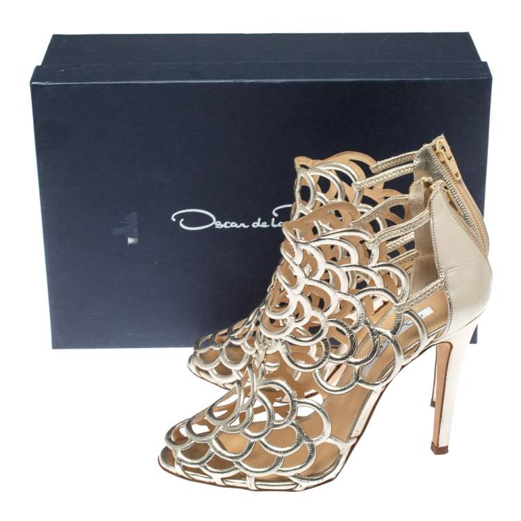 Pre Owned Oscar de la Renta Golden Leather Gladia Cage Peep Toe Sandals Size 38