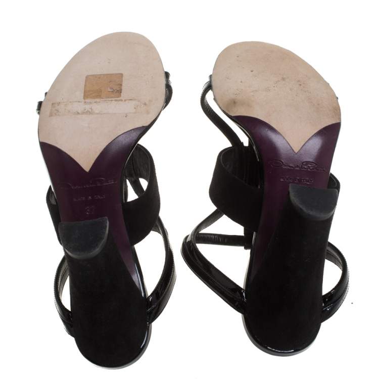 Pre Owned Oscar De La Renta Black Patent Leather And Suede Strappy Sandals Size 37