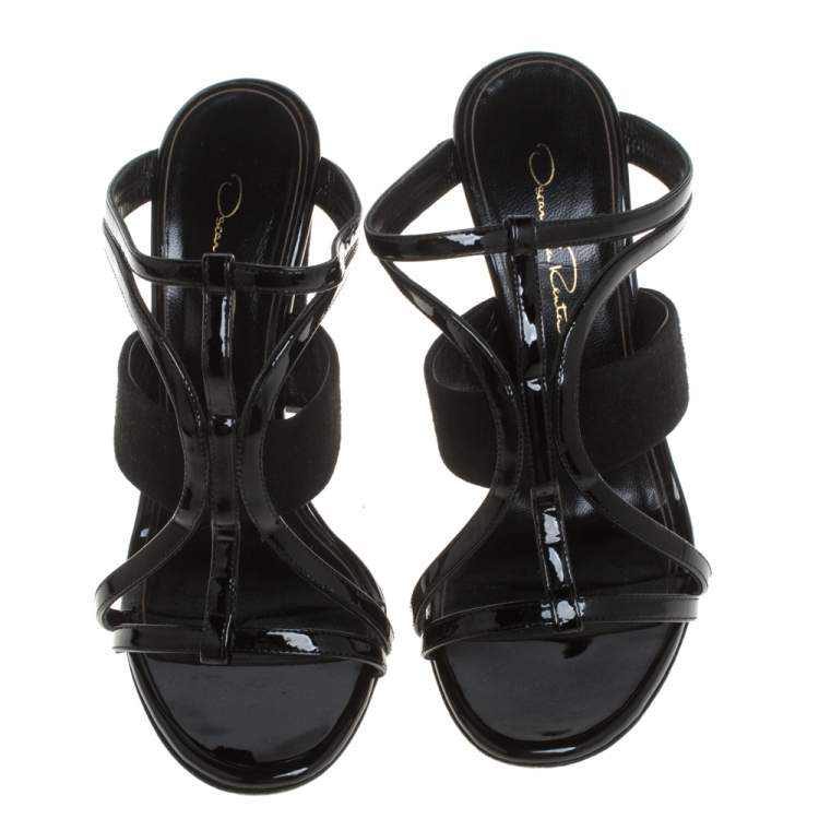 Pre Owned Oscar De La Renta Black Patent Leather And Suede Strappy Sandals Size 37