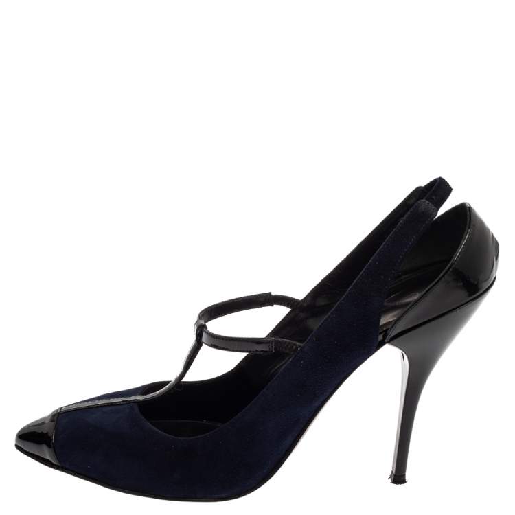 Pre Owned Oscar De La Renta Navy Blue/Black Suede And Patent Leather Fedra T Strap Pumps Size 39.5