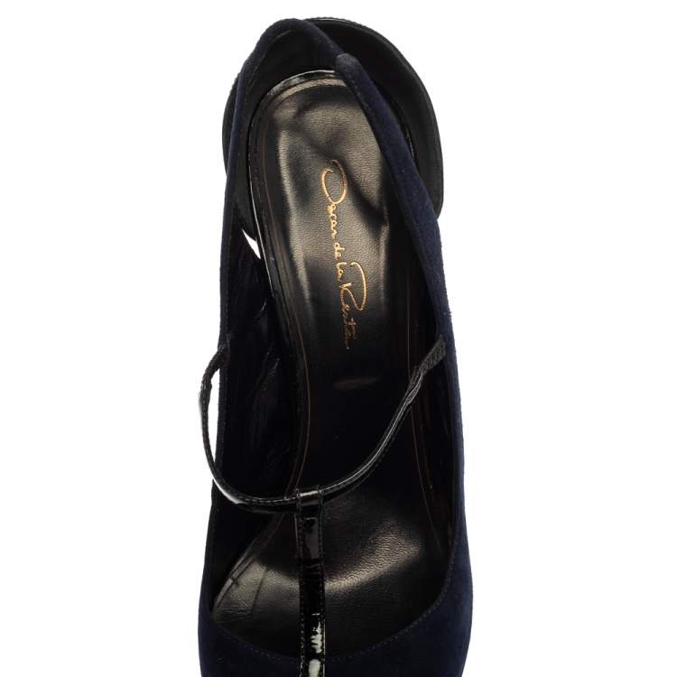 Pre Owned Oscar De La Renta Navy Blue/Black Suede And Patent Leather Fedra T Strap Pumps Size 39.5