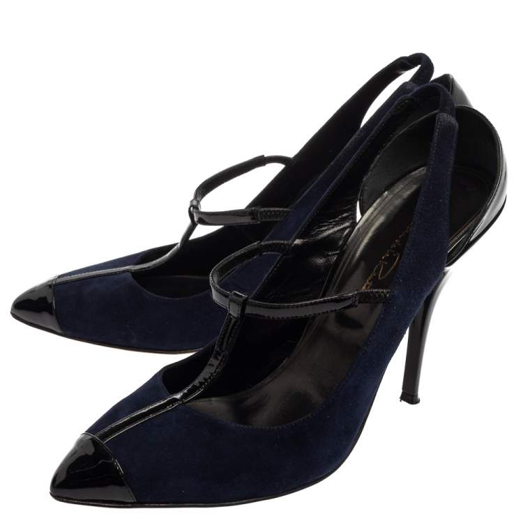 Pre Owned Oscar De La Renta Navy Blue/Black Suede And Patent Leather Fedra T Strap Pumps Size 39.5