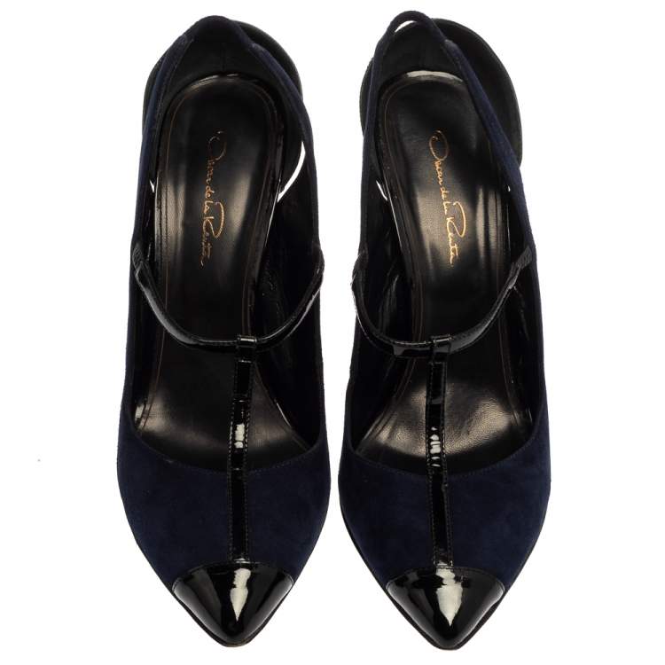 Pre Owned Oscar De La Renta Navy Blue/Black Suede And Patent Leather Fedra T Strap Pumps Size 39.5