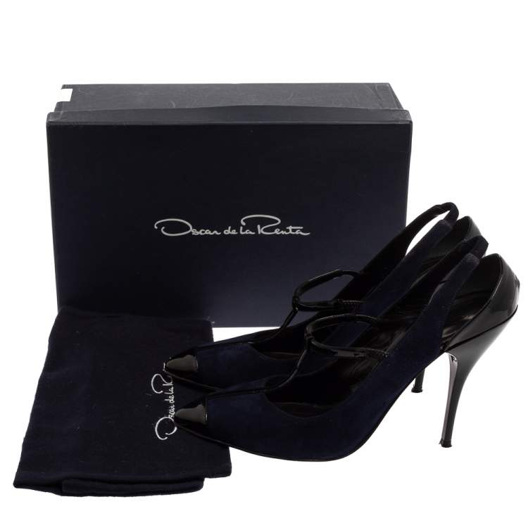 Pre Owned Oscar De La Renta Navy Blue/Black Suede And Patent Leather Fedra T Strap Pumps Size 39.5