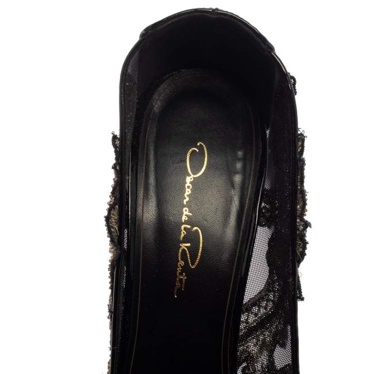 Pre Owned Oscar de la Renta Black Patent Leather and Mesh Alyssa Embellished Pointed Toe Pumps Size 38