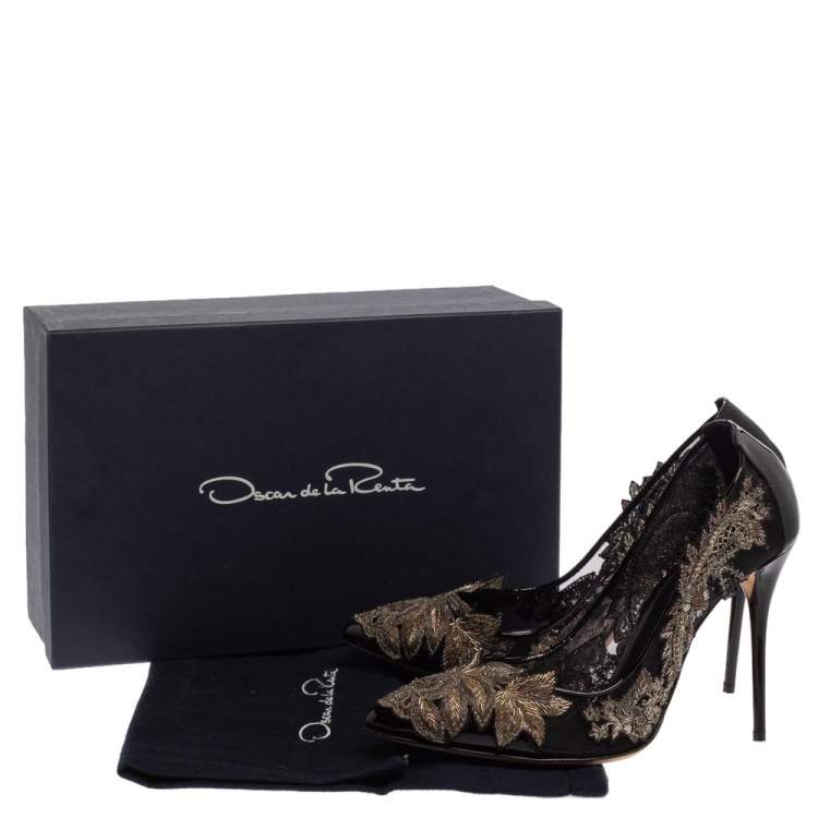 Pre Owned Oscar de la Renta Black Patent Leather and Mesh Alyssa Embellished Pointed Toe Pumps Size 38