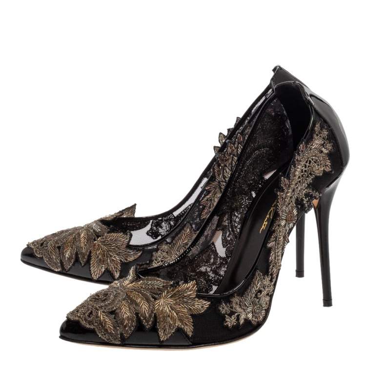 Pre Owned Oscar de la Renta Black Patent Leather and Mesh Alyssa Embellished Pointed Toe Pumps Size 38