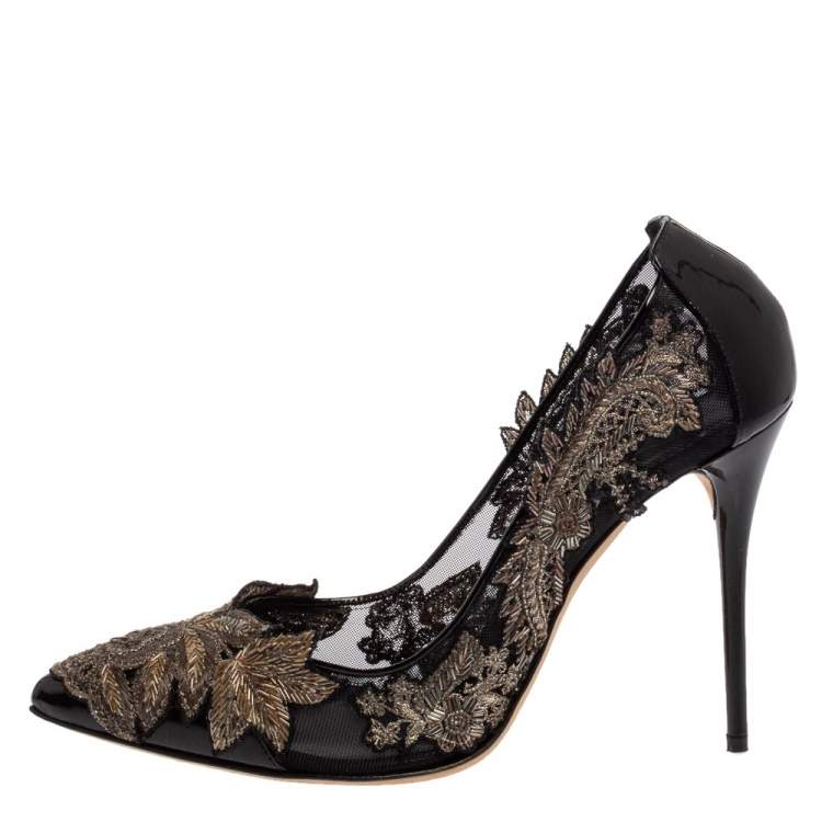 Pre Owned Oscar de la Renta Black Patent Leather and Mesh Alyssa Embellished Pointed Toe Pumps Size 38
