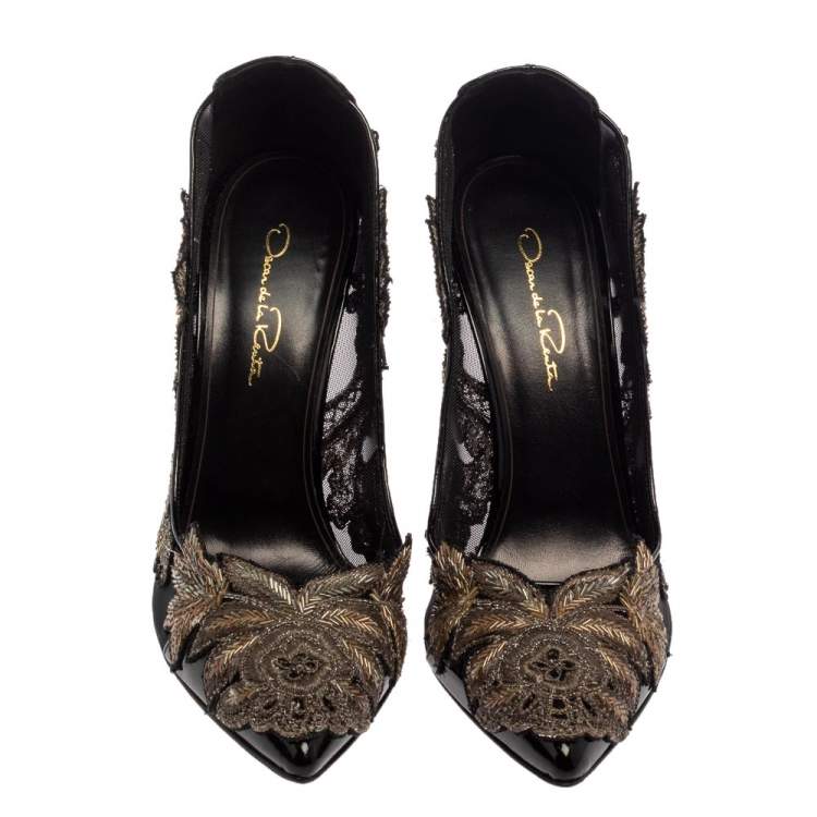 Pre Owned Oscar de la Renta Black Patent Leather and Mesh Alyssa Embellished Pointed Toe Pumps Size 38