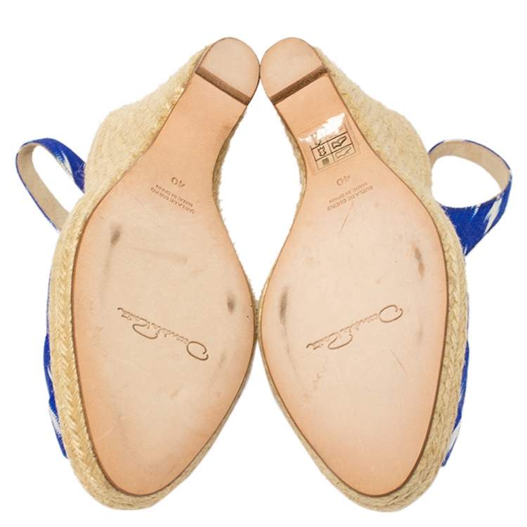 Pre Owned Oscar de la Renta Blue/White Fabric Espadrille Platform Wedge Open Toe Sandals Size 40