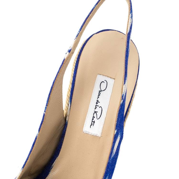 Pre Owned Oscar de la Renta Blue/White Fabric Espadrille Platform Wedge Open Toe Sandals Size 40