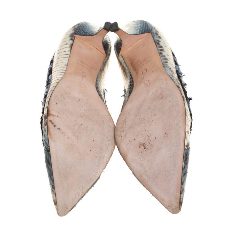 Pre Owned Oscar de la Renta Multicolor Python Embossed Leather And Fabric Pointed Toe Pumps Size 39.5