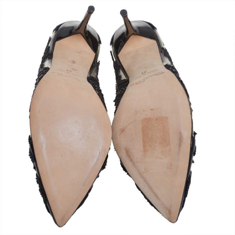 Pre Owned Oscar de la Renta Black PVC And Patent Leather Alyssa Embellished Pumps Size 37