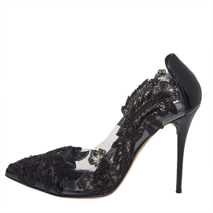 Pre Owned Oscar de la Renta Black PVC And Patent Leather Alyssa Embellished Pumps Size 37
