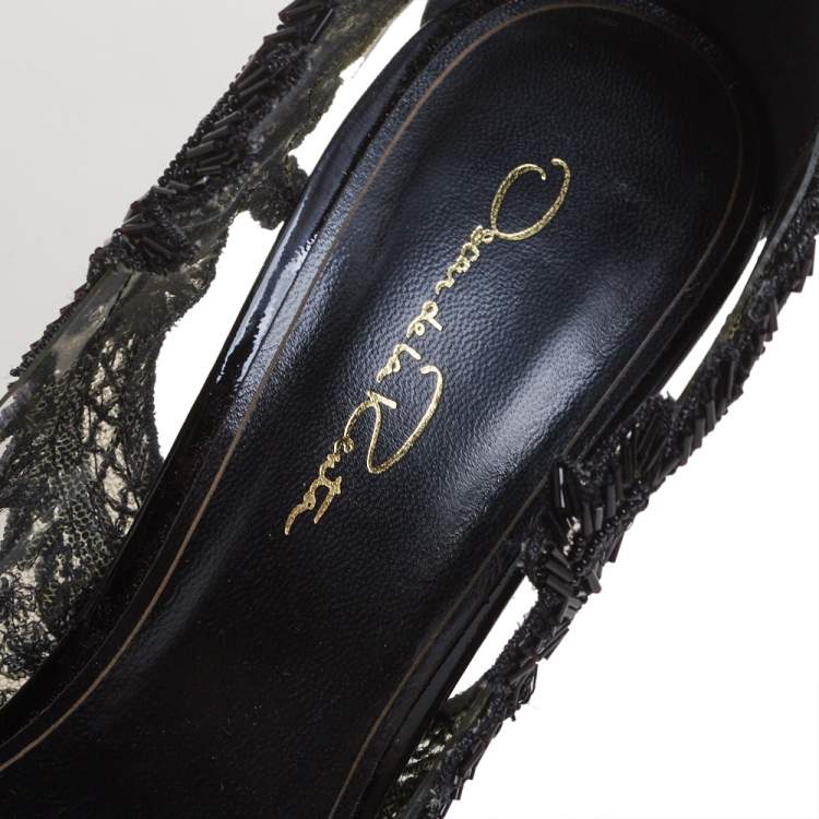 Pre Owned Oscar de la Renta Black PVC And Patent Leather Alyssa Embellished Pumps Size 37