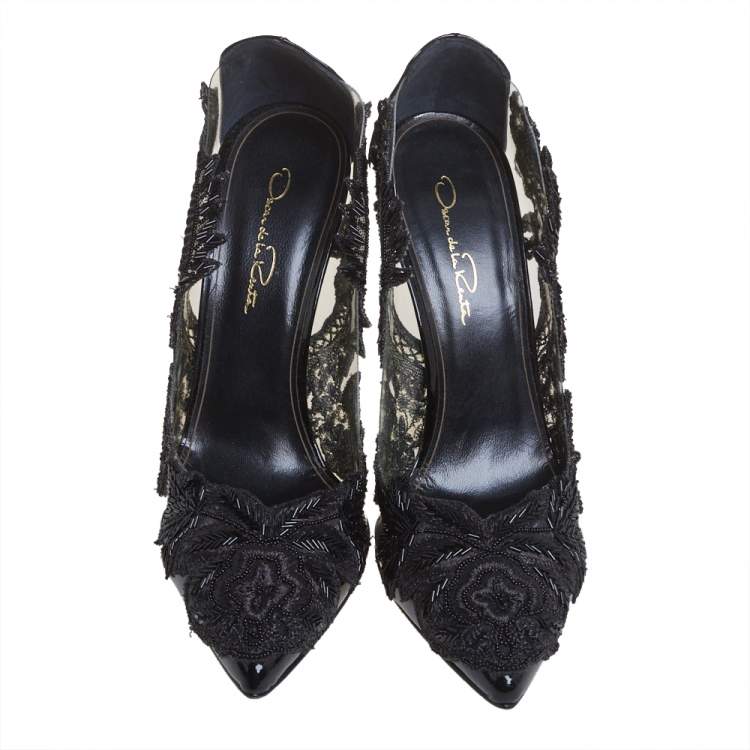 Pre Owned Oscar de la Renta Black PVC And Patent Leather Alyssa Embellished Pumps Size 37