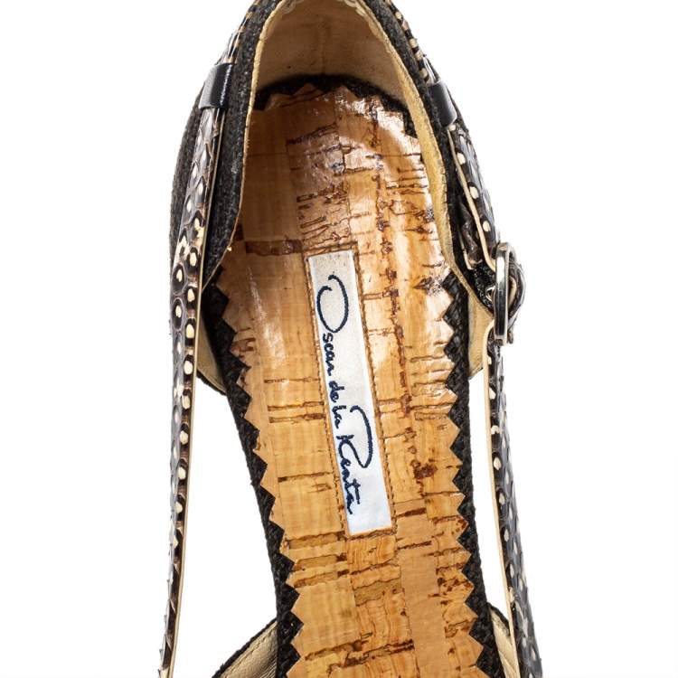 Pre Owned Oscar de la Renta Multicolor Raffia And Python Leather Peep Toe Platform Pumps Size 37