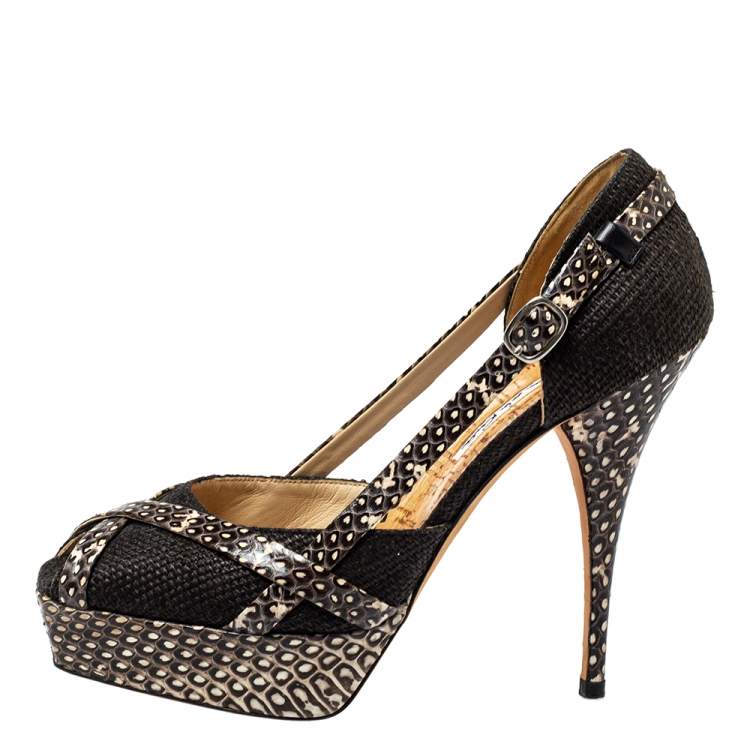 Pre Owned Oscar de la Renta Multicolor Raffia And Python Leather Peep Toe Platform Pumps Size 37