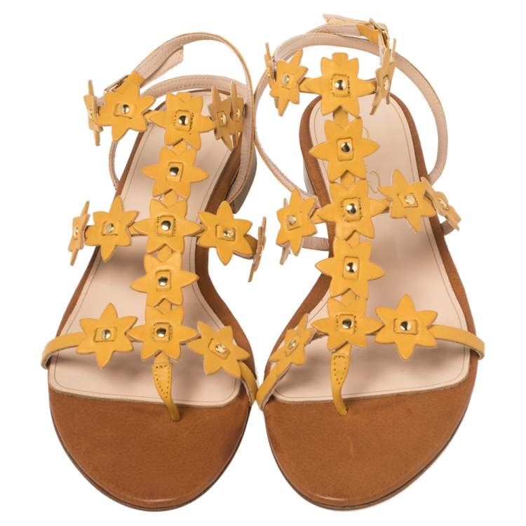 Pre Owned Oscar de la Renta Yellow Floral Jenisa Ankle Strap Flat Sandals Size 39.5