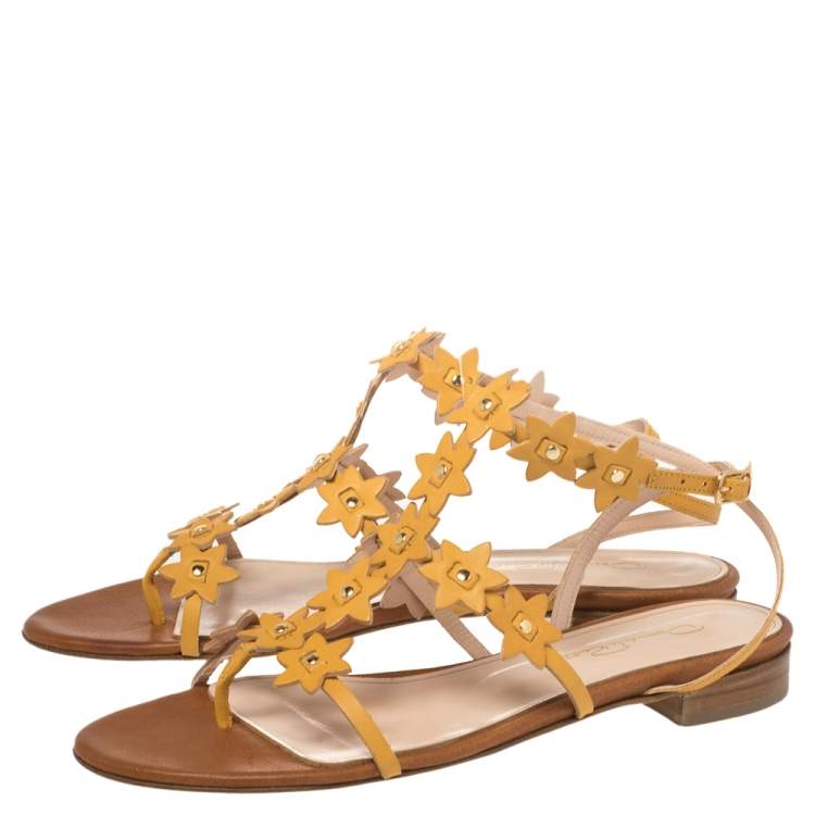 Pre Owned Oscar de la Renta Yellow Floral Jenisa Ankle Strap Flat Sandals Size 39.5