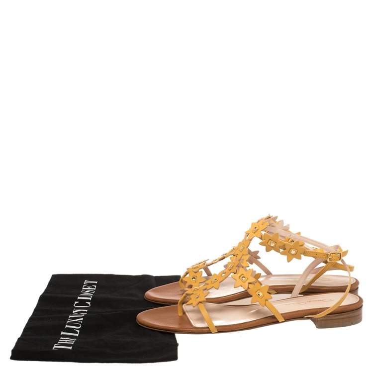 Pre Owned Oscar de la Renta Yellow Floral Jenisa Ankle Strap Flat Sandals Size 39.5
