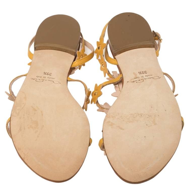 Pre Owned Oscar de la Renta Yellow Floral Jenisa Ankle Strap Flat Sandals Size 39.5