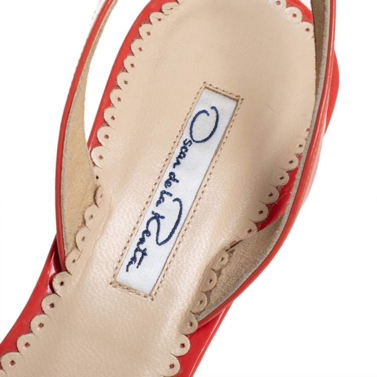 Pre Owned Oscar de la Renta Orange Patent Leather Slingback Sandals Size 39 