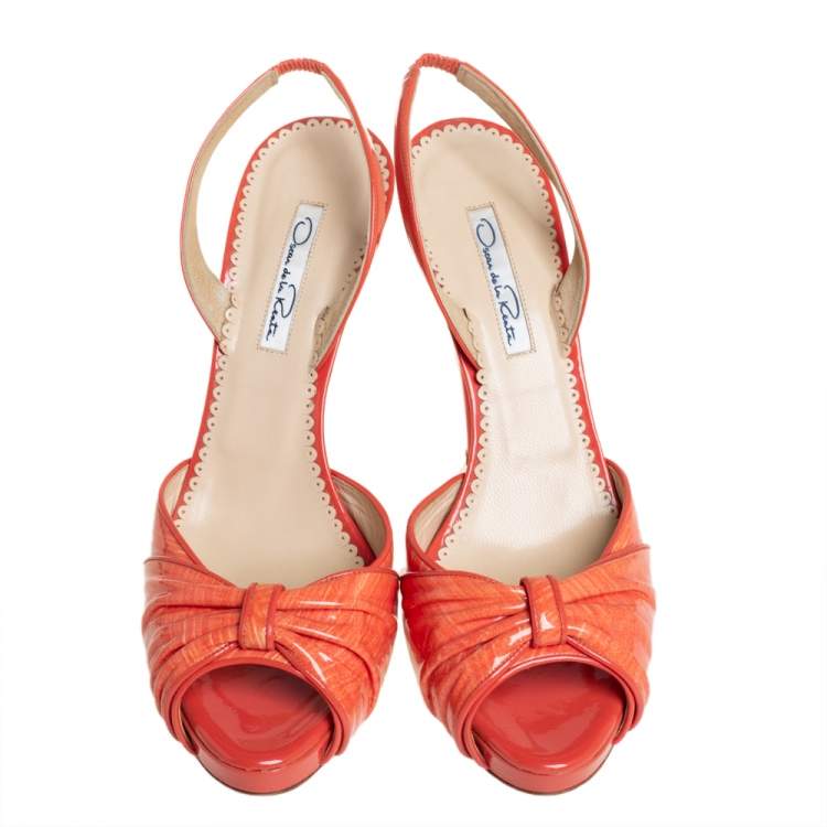 Pre Owned Oscar de la Renta Orange Patent Leather Slingback Sandals Size 39 