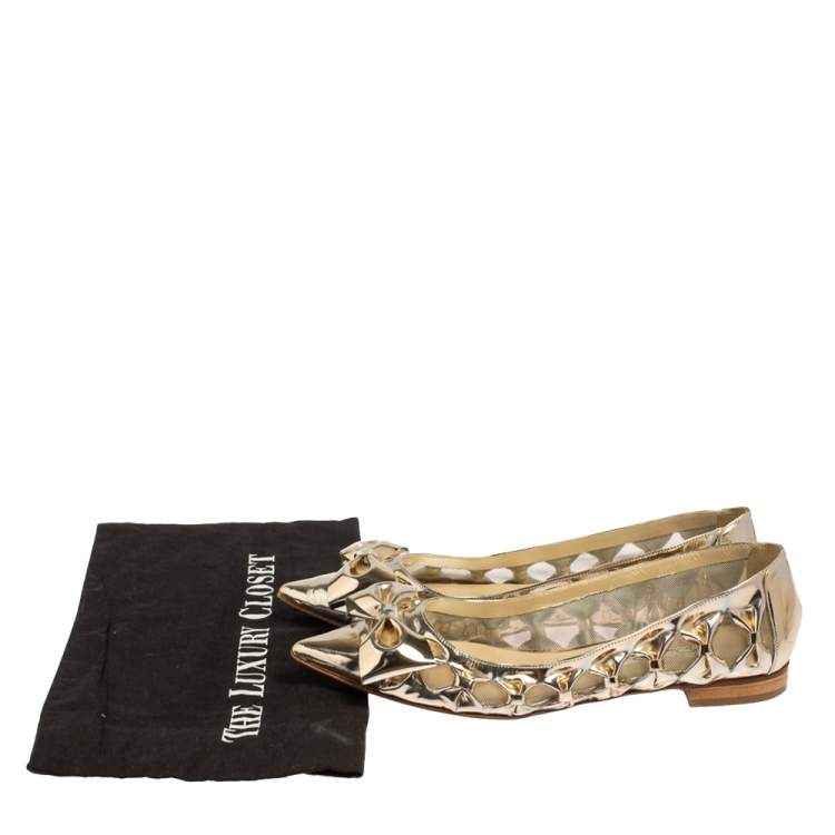 Pre Owned Oscar de la Renta Metallic Gold Patent Leather Bow Ballet Flats Size 39.5