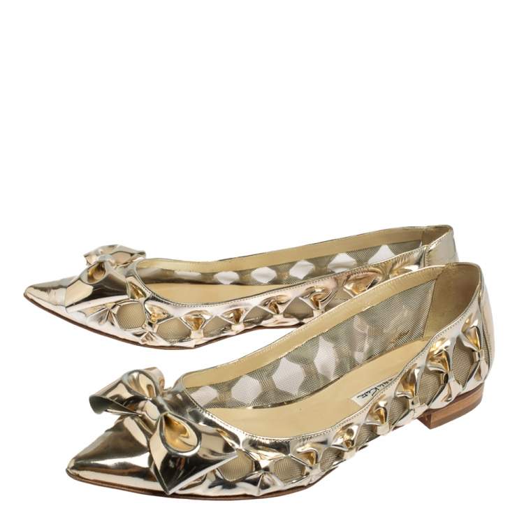 Pre Owned Oscar de la Renta Metallic Gold Patent Leather Bow Ballet Flats Size 39.5