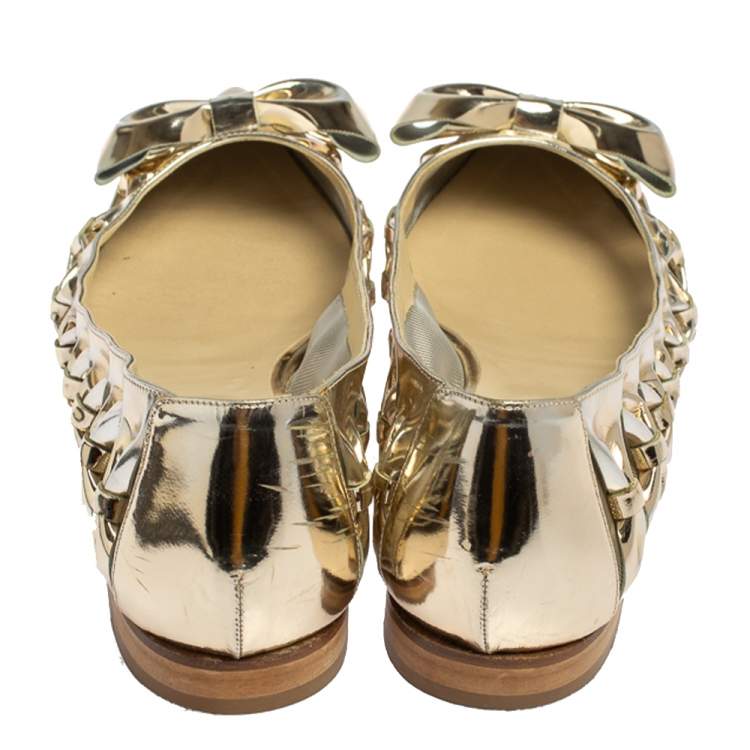 Pre Owned Oscar de la Renta Metallic Gold Patent Leather Bow Ballet Flats Size 39.5