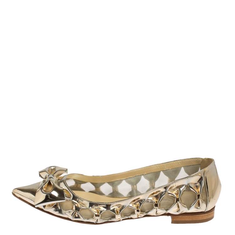 Pre Owned Oscar de la Renta Metallic Gold Patent Leather Bow Ballet Flats Size 39.5