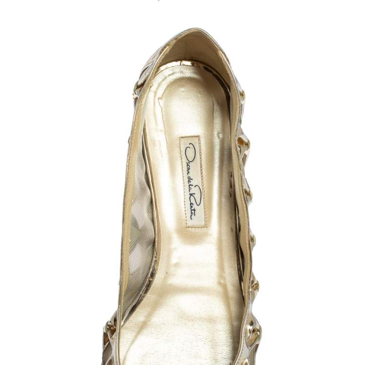 Pre Owned Oscar de la Renta Metallic Gold Patent Leather Bow Ballet Flats Size 39.5